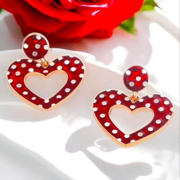 Heart-Shaped Red Polka Dot Earrings Valentine's Day Dangle Pierced Jewelry Love - Picture 1 of 5